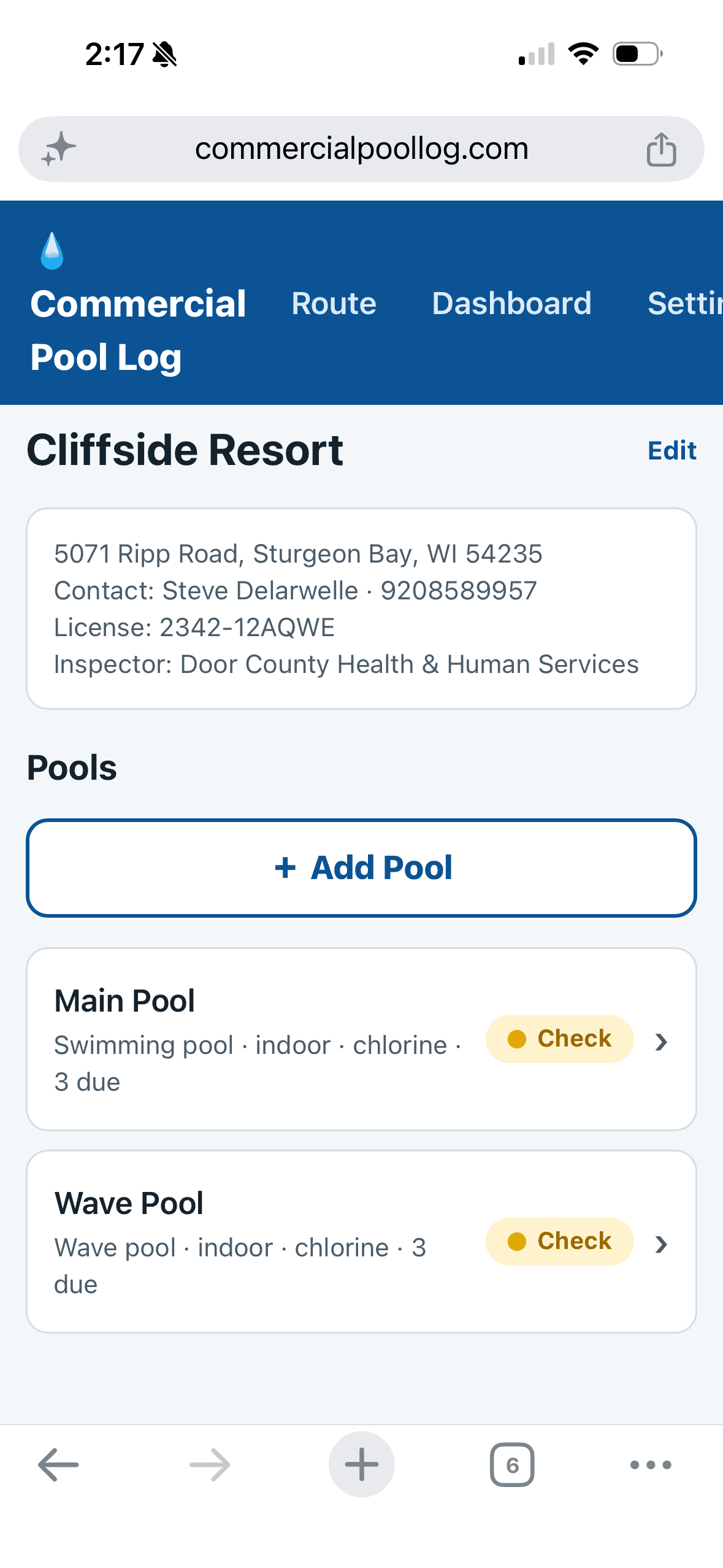 A location page showing its address and its pools with status pills