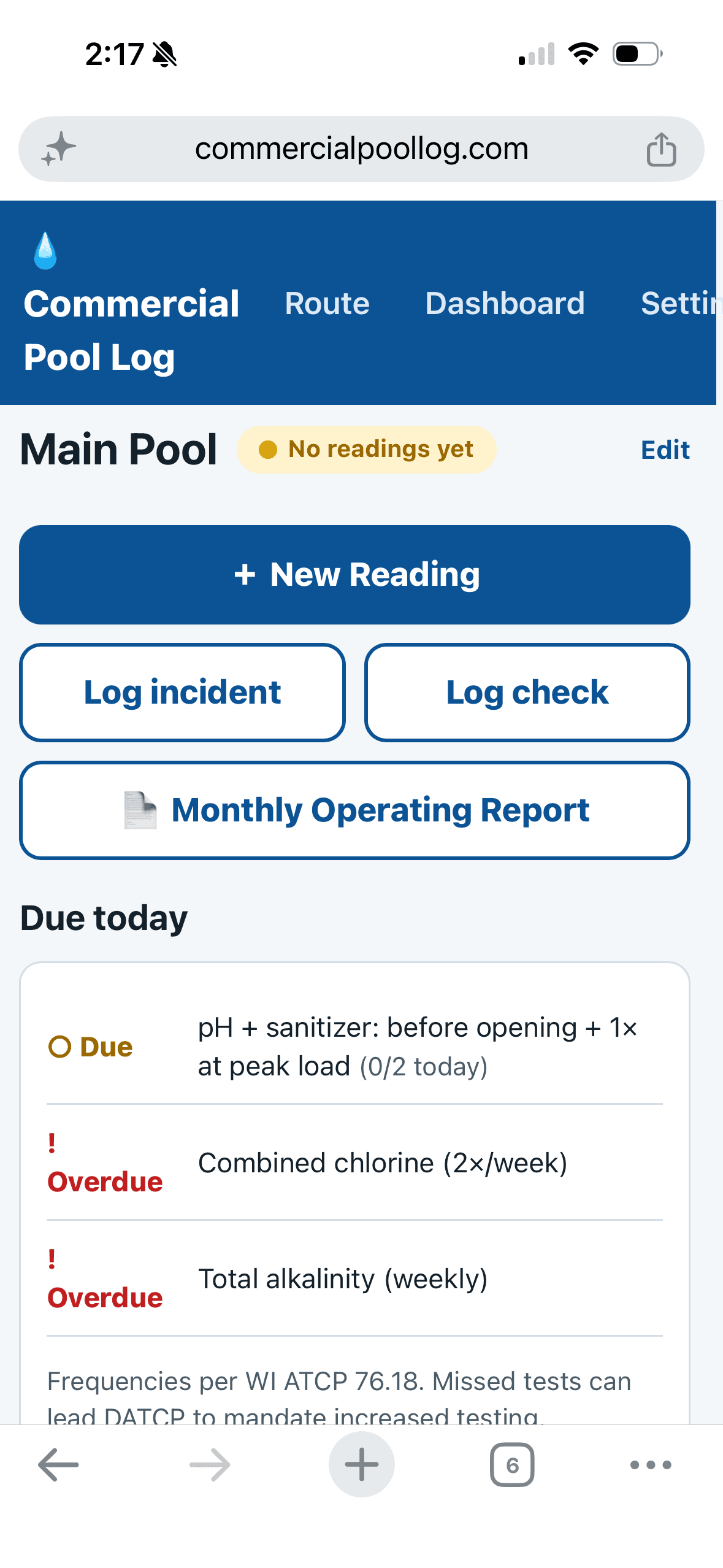 A pool detail screen showing its Due Today testing checklist