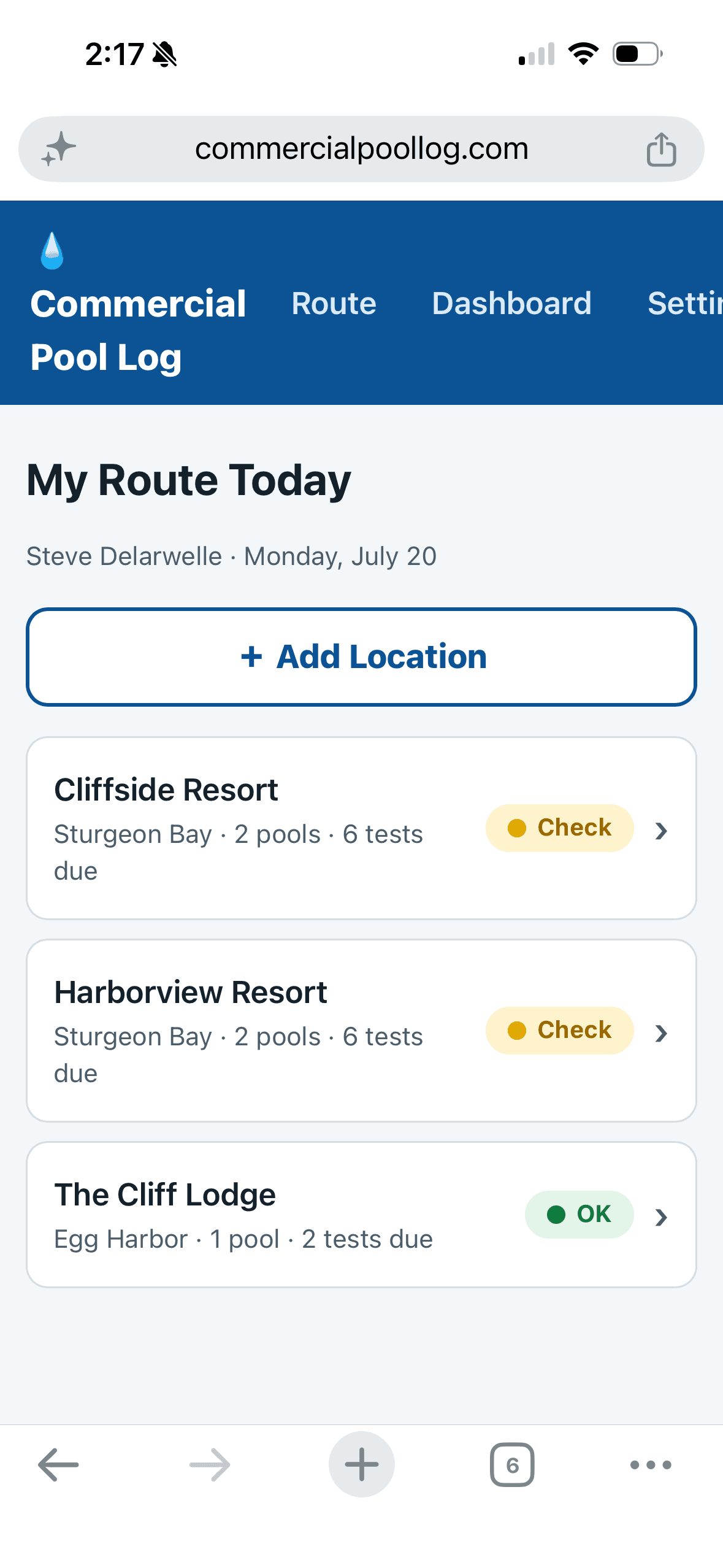 My Route Today screen listing three locations with pool counts, tests due, and status pills