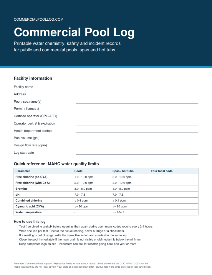 Commercial Pool Log cover page with MAHC reference ranges