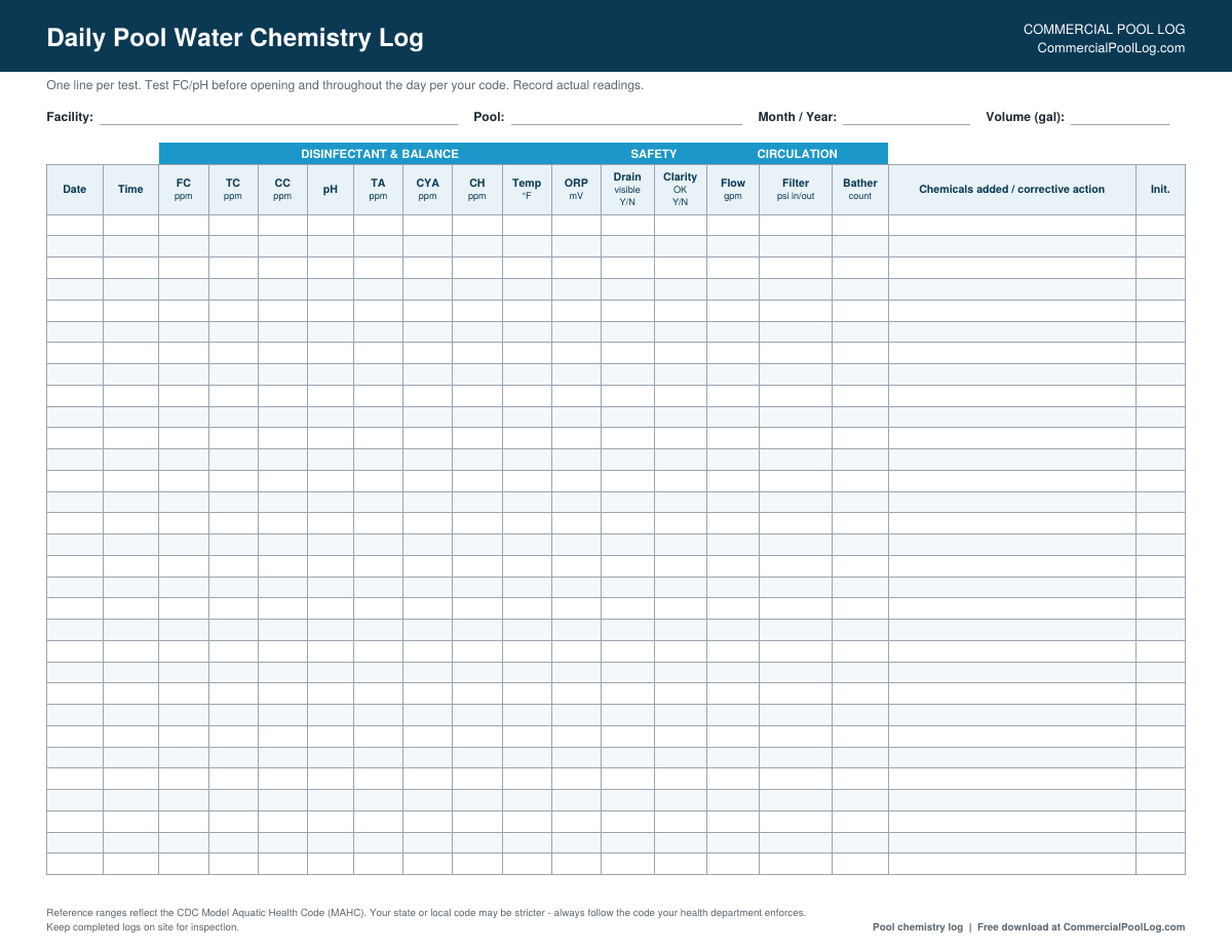 Commercial Pool Log daily pool water chemistry log sheet